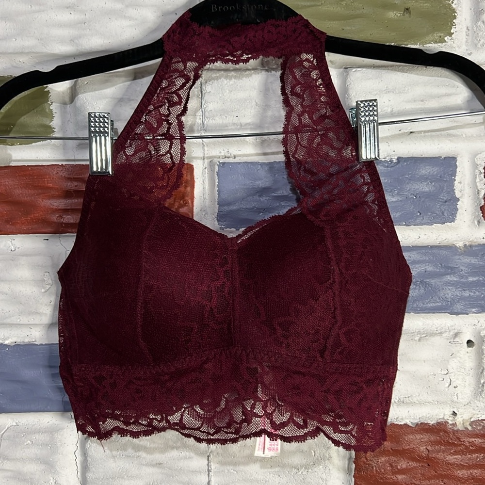 Victoria's Secret PINK Burgundy Push-up Halter
Lace Bralette - Size‎ Small